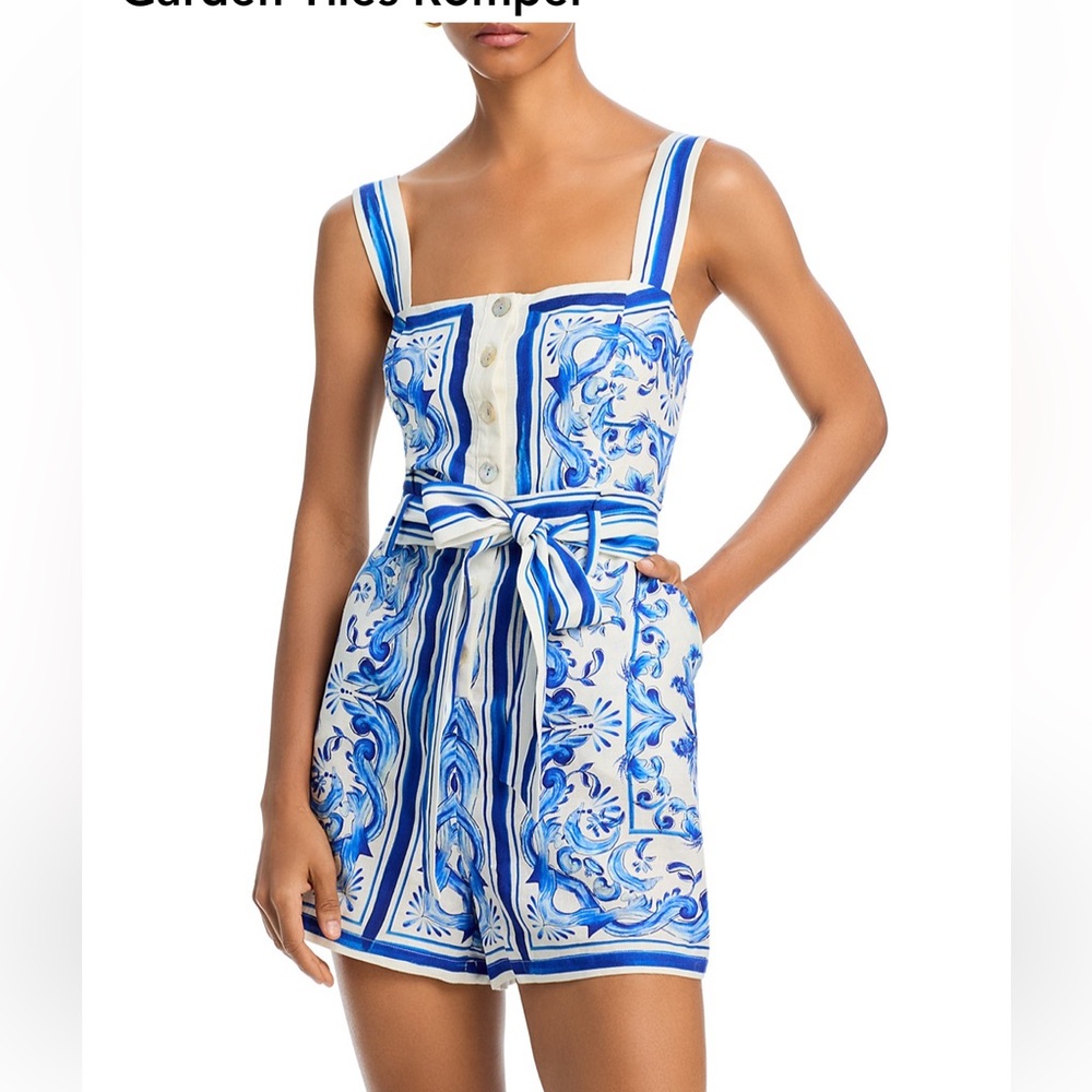 NWT Farm Rio Garden Tiles Romper Blue White Patterned vacation resort wear Large